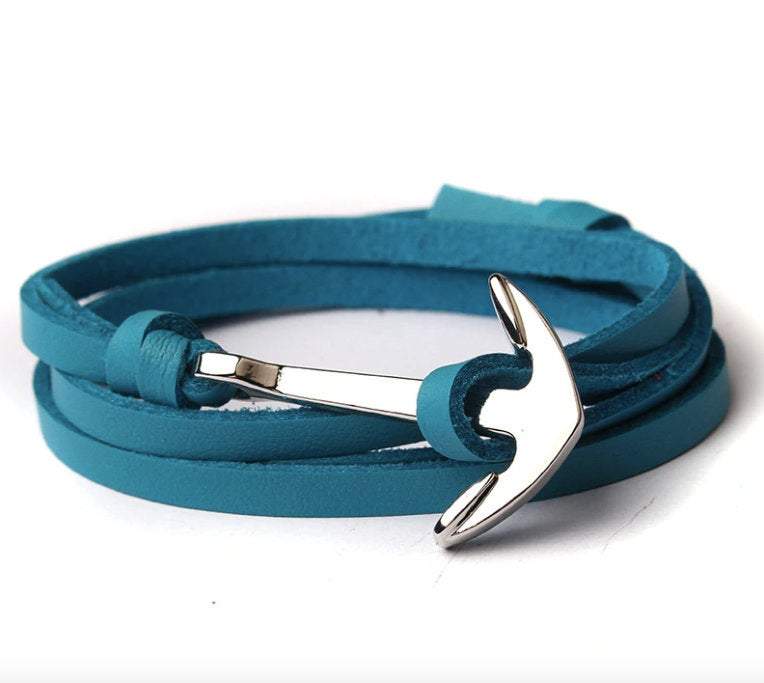 Aquamarine Leather Men's Anchor Bracelet Australia 