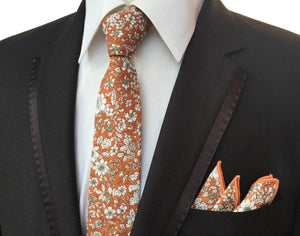 Orange Skinny Floral Tie + Square Tie + Square JayKirbyTies 